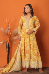"Golden Blossom Embroidered Anarkali Set"