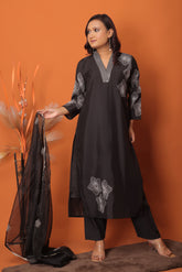 "Midnight Bloom – Black Embroidered Three-Piece Set"