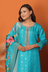 "Ocean Gleam – Teal Jacquard Embroidered Festive 3Pc Readymade Suit Set"