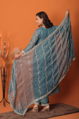 "Serene Blue โ Hand-Embroidered Mirror Work Suit Set"
