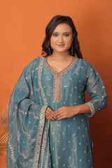 "Serene Blue โ Hand-Embroidered Mirror Work Suit Set"