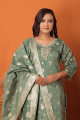 "Olive Grace – Banarasi Woven Suit Set with Dupatta"