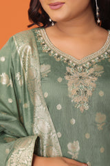 "Olive Grace – Banarasi Woven Suit Set with Dupatta"
