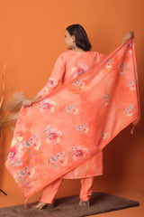 "Peach Blossom Elegance ā Hand-Painted Floral 3Pc Readymade Suit Set"