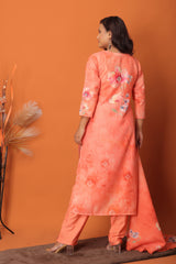 "Peach Blossom Elegance ā Hand-Painted Floral 3Pc Readymade Suit Set"