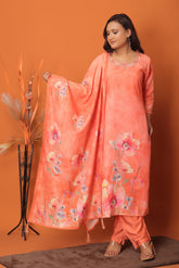 "Peach Blossom Elegance – Hand-Painted Floral 3Pc Readymade Suit Set"