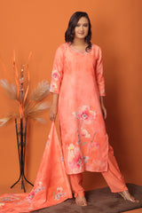 "Peach Blossom Elegance ā Hand-Painted Floral 3Pc Readymade Suit Set"