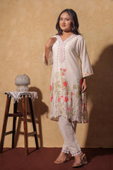 Off-White Floral Embroidered Co-ord Set with Lace Detailing