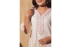 Off-White Floral Embroidered Co-ord Set with Lace Detailing