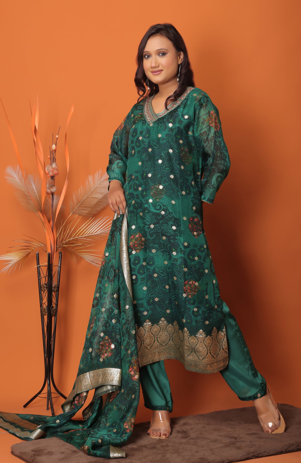 "Emerald Elegance – Embroidered Festive 3Pc Readymade Suit with Dupatta"