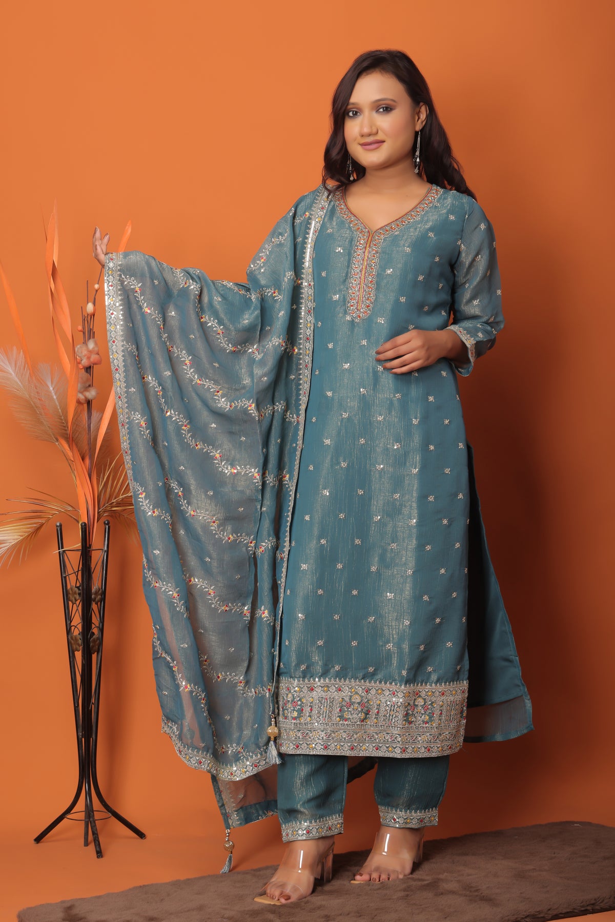"Serene Blue – Hand-Embroidered Mirror Work Suit Set"