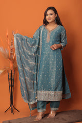"Serene Blue – Hand-Embroidered Mirror Work Suit Set"