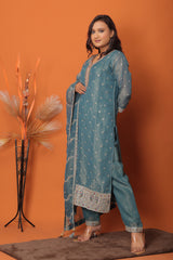 "Serene Blue – Hand-Embroidered Mirror Work Suit Set"