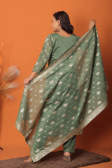 "Olive Grace – Banarasi Woven Suit Set with Dupatta"