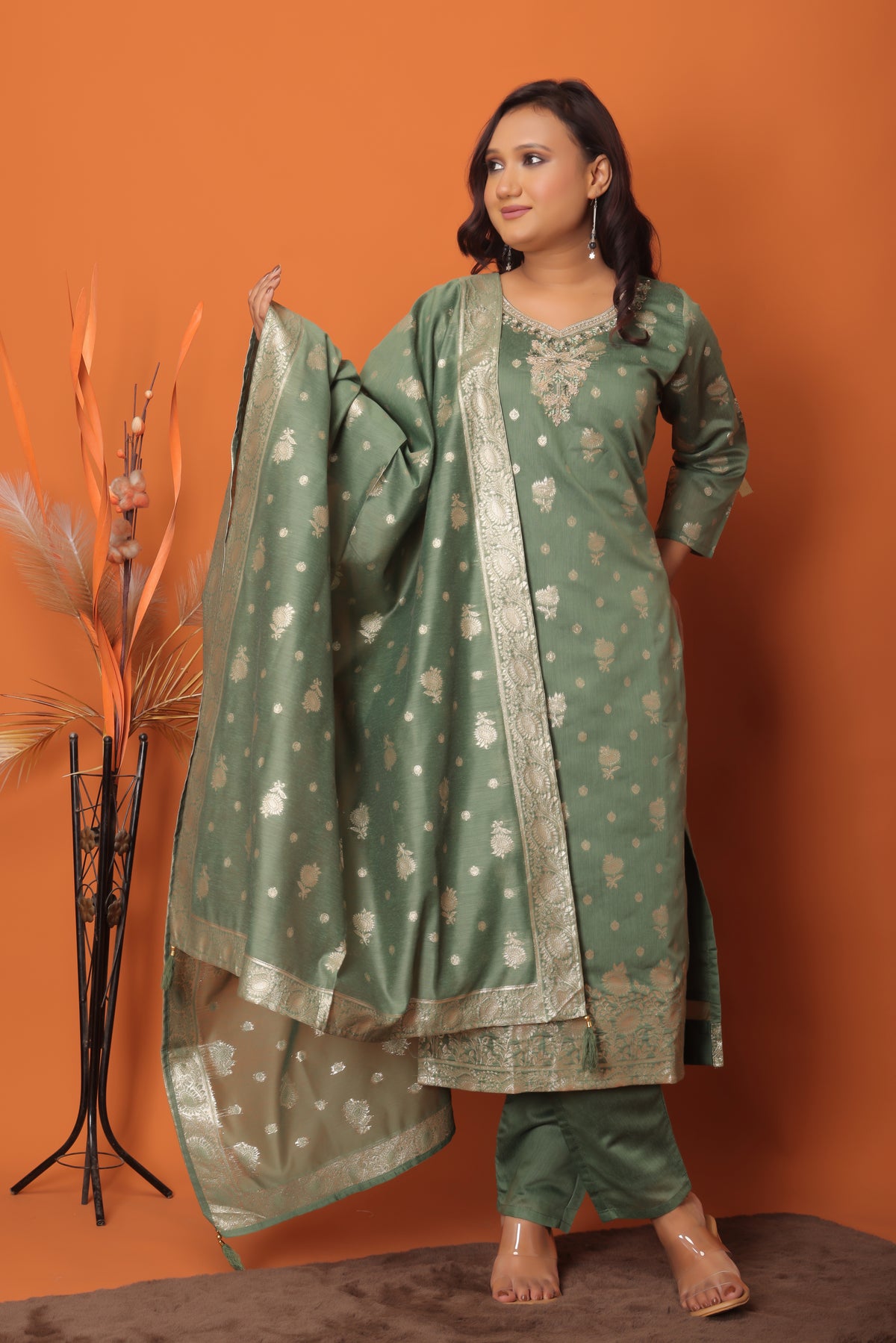 "Olive Grace – Banarasi Woven Suit Set with Dupatta"