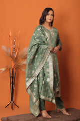 "Olive Grace – Banarasi Woven Suit Set with Dupatta"