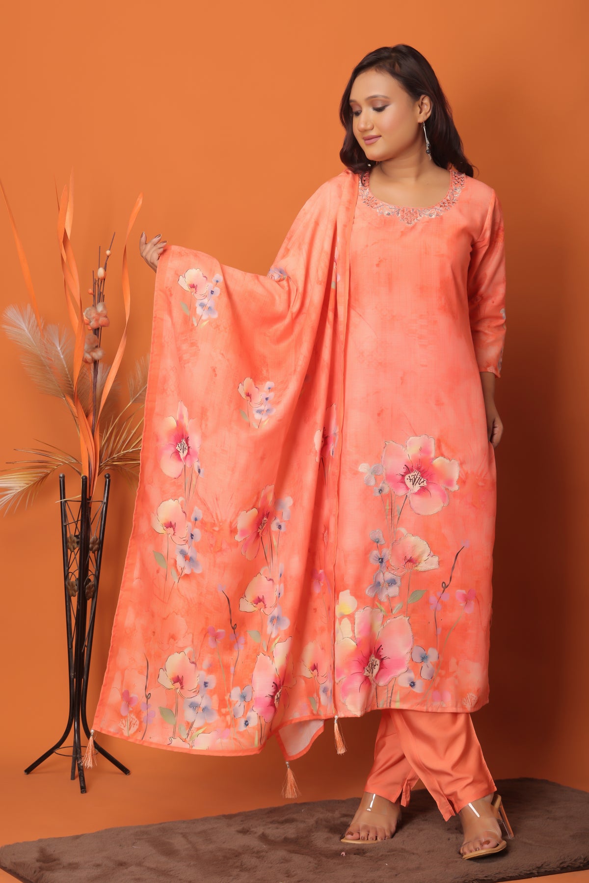 "Peach Blossom Elegance – Hand-Painted Floral 3Pc Readymade Suit Set"