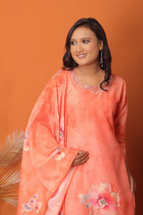 "Peach Blossom Elegance – Hand-Painted Floral 3Pc Readymade Suit Set"