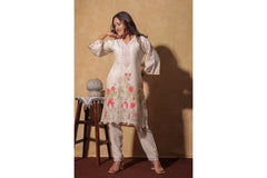 Off-White Floral Embroidered Co-ord Set with Lace Detailing