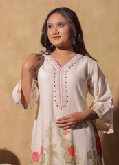 Off-White Floral Embroidered Co-ord Set with Lace Detailing